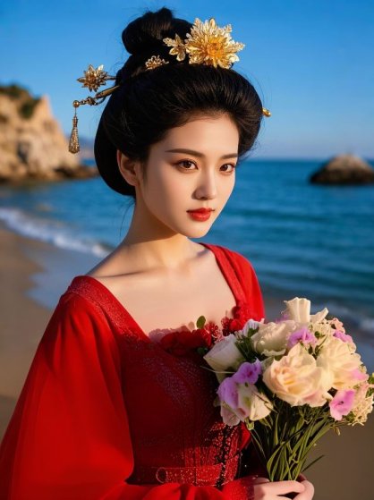 豆包AI生成古代美女武则天海边捧花红色裙子真人写真照片图片