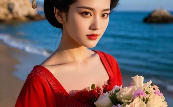 豆包AI生成古代美女武则天海边捧花红色裙子真人写真照片图片